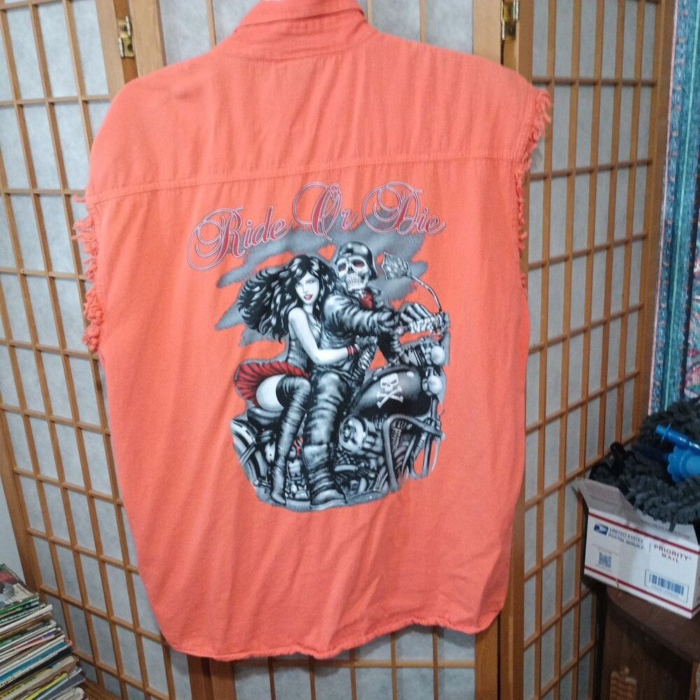 Biker Wear USA Orange Sleeveless Denim "Ride or Die" Back Graphic  3XL